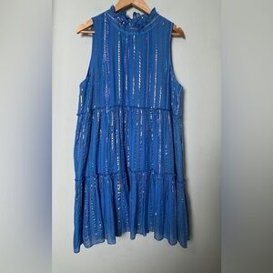 Tuckernuck Oliphant Blue Ruffle Collar Tiered Dress Metallic Stripes Size Large